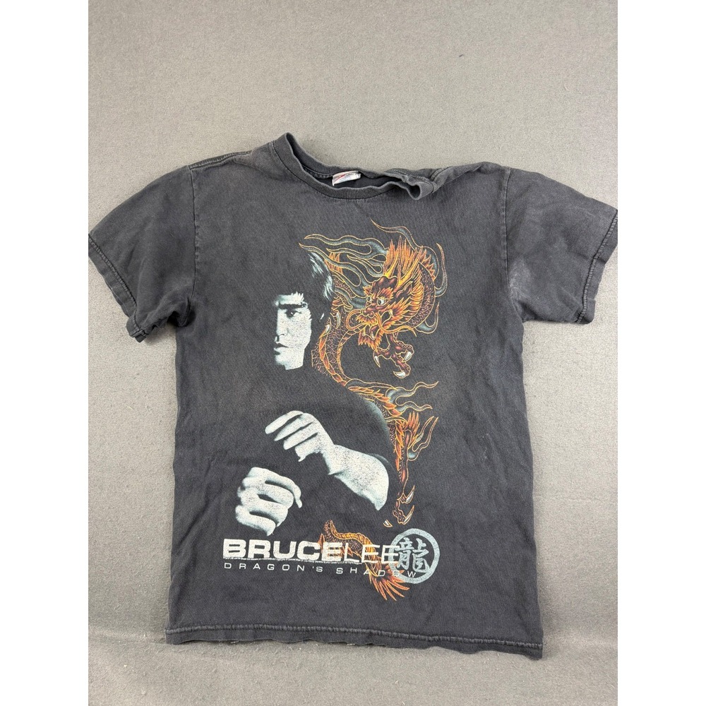 Vintage Mens Black T-Shirt Bruce Lee Martial Artist Dragon's Shadow Graphic S